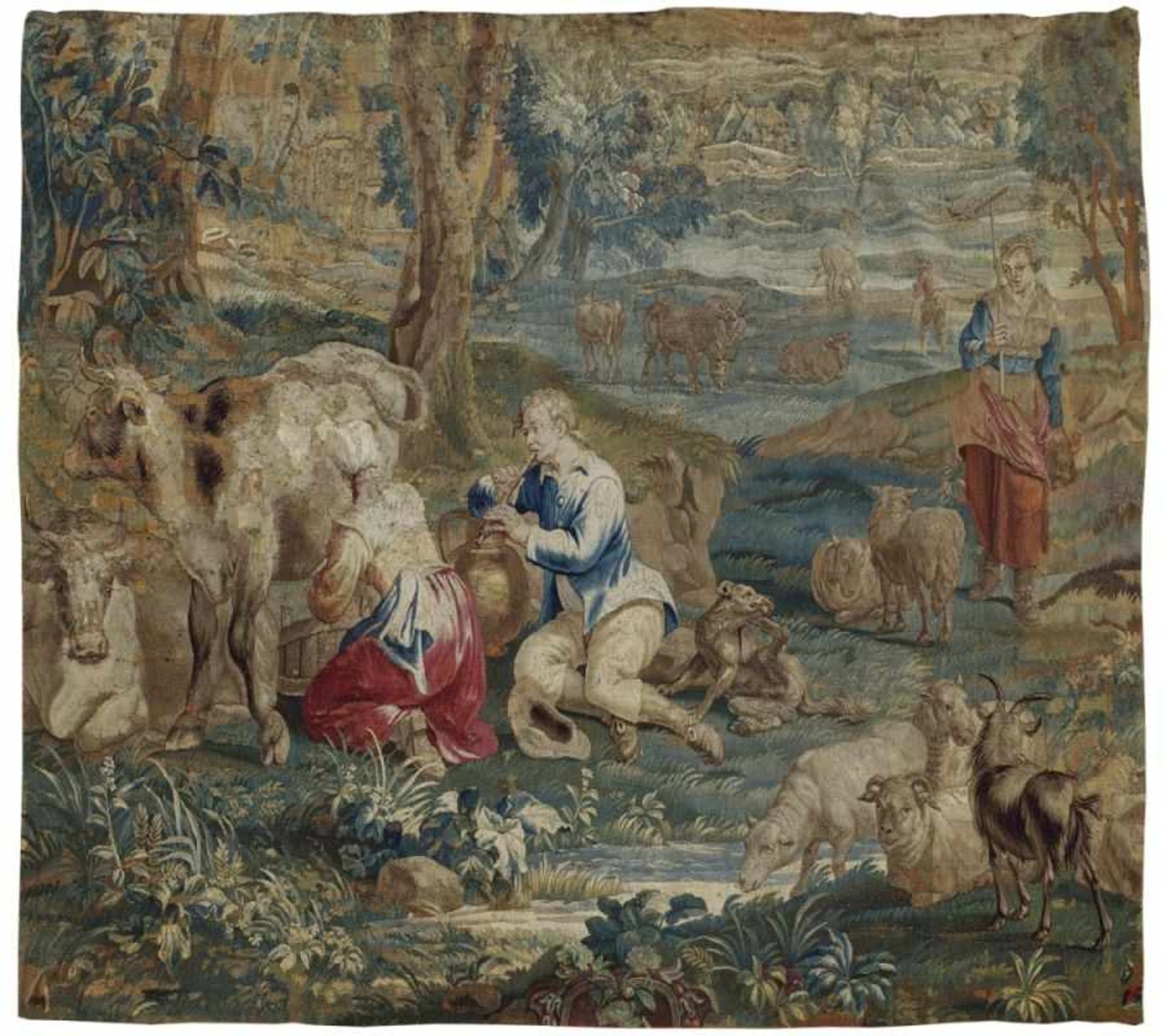 Tapisserie Aubusson, um 1770 Wolle, Seide. Ländliche Idylle. Melkende Bäuerin und flötespielender