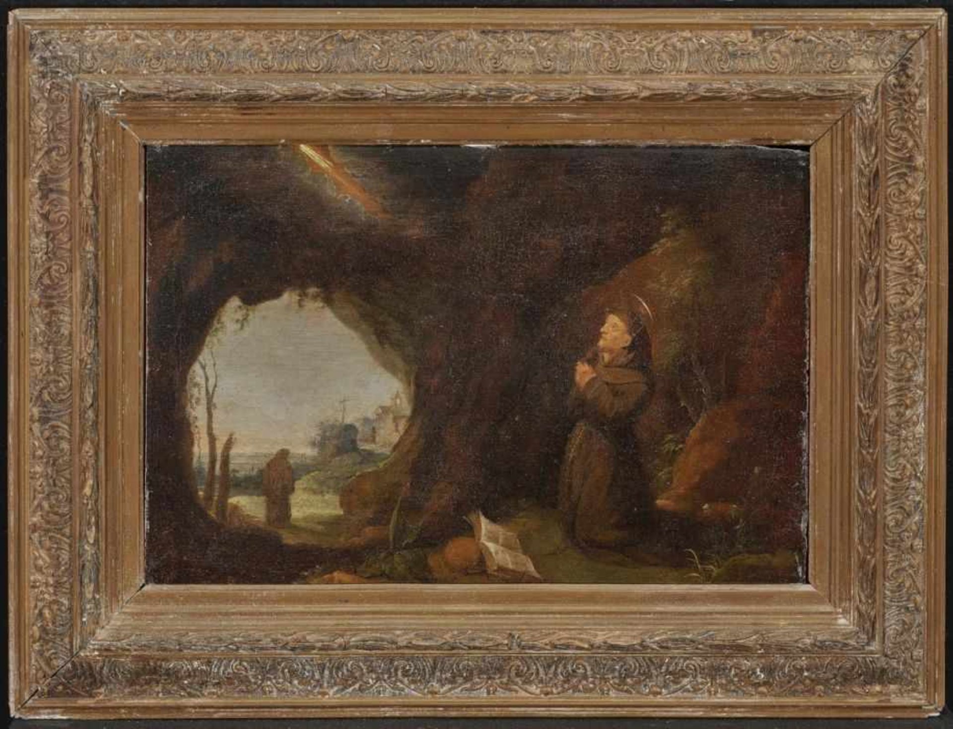Niederlande 17. Jh. Betender Mönch in einer Felshöhle R. u. bezeichnet mit Monogramm DT. Öl auf - Bild 2 aus 2