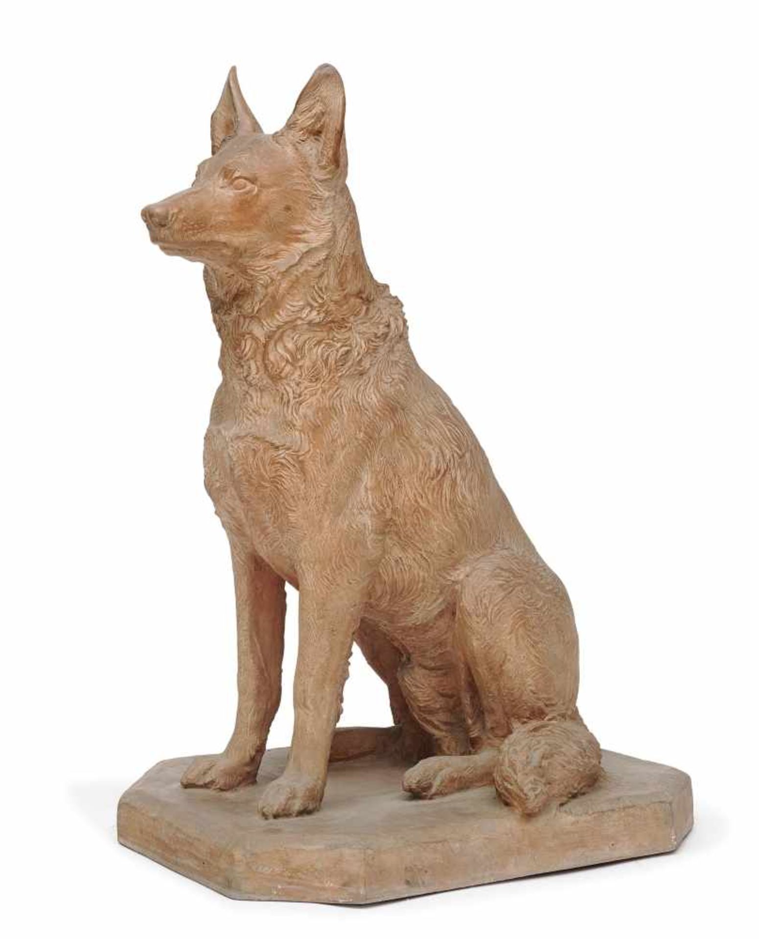 Schäferhund Terracotta, modelliert. Sitzend, auf achteckiger Bodenplatte. Rücks. monogr. MS im Kreis