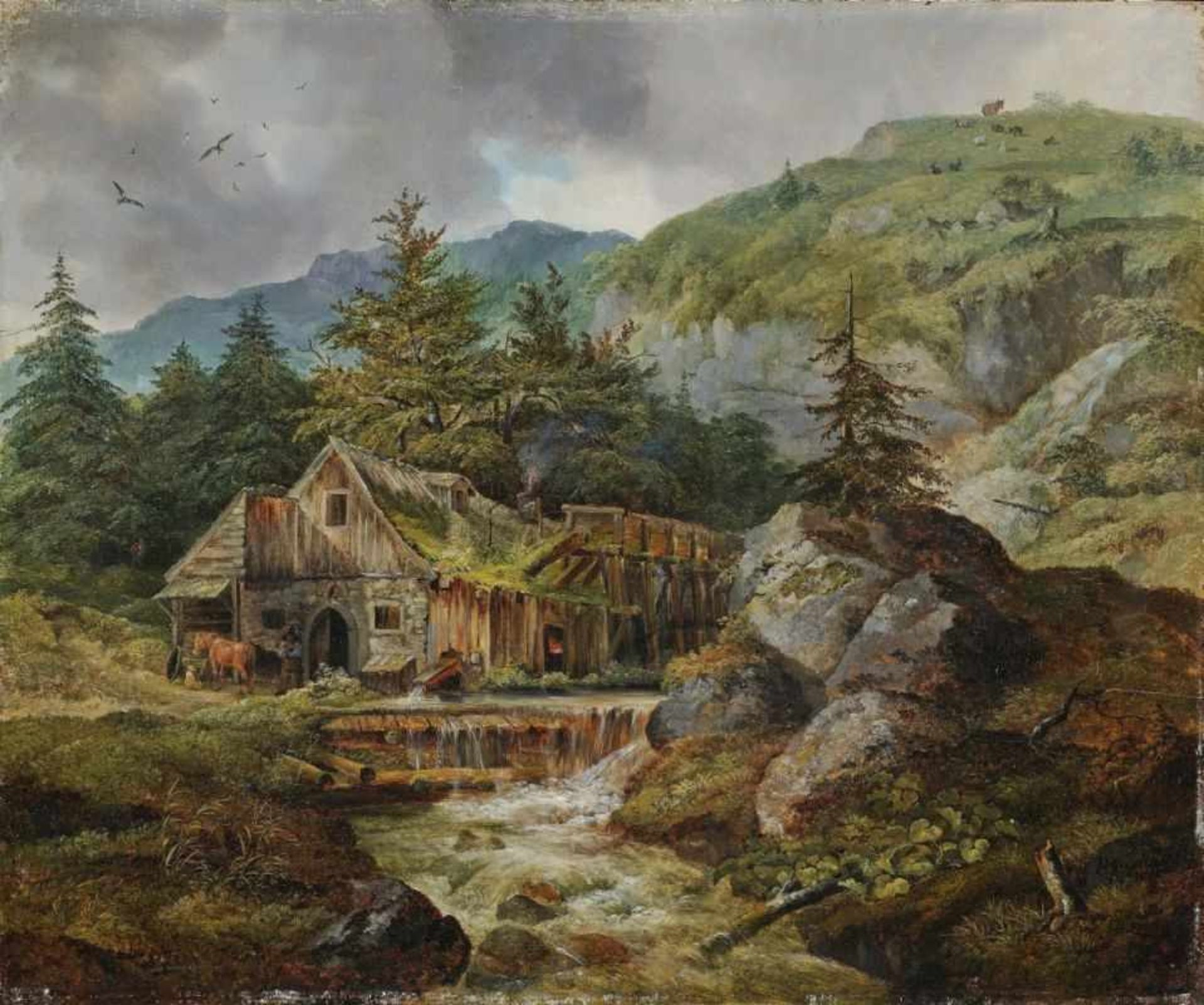Bürkel, Heinrich 1802 Pirmasens - 1869 München Schmiede im Gebirge Vor dem Gebäude der Schmied bei