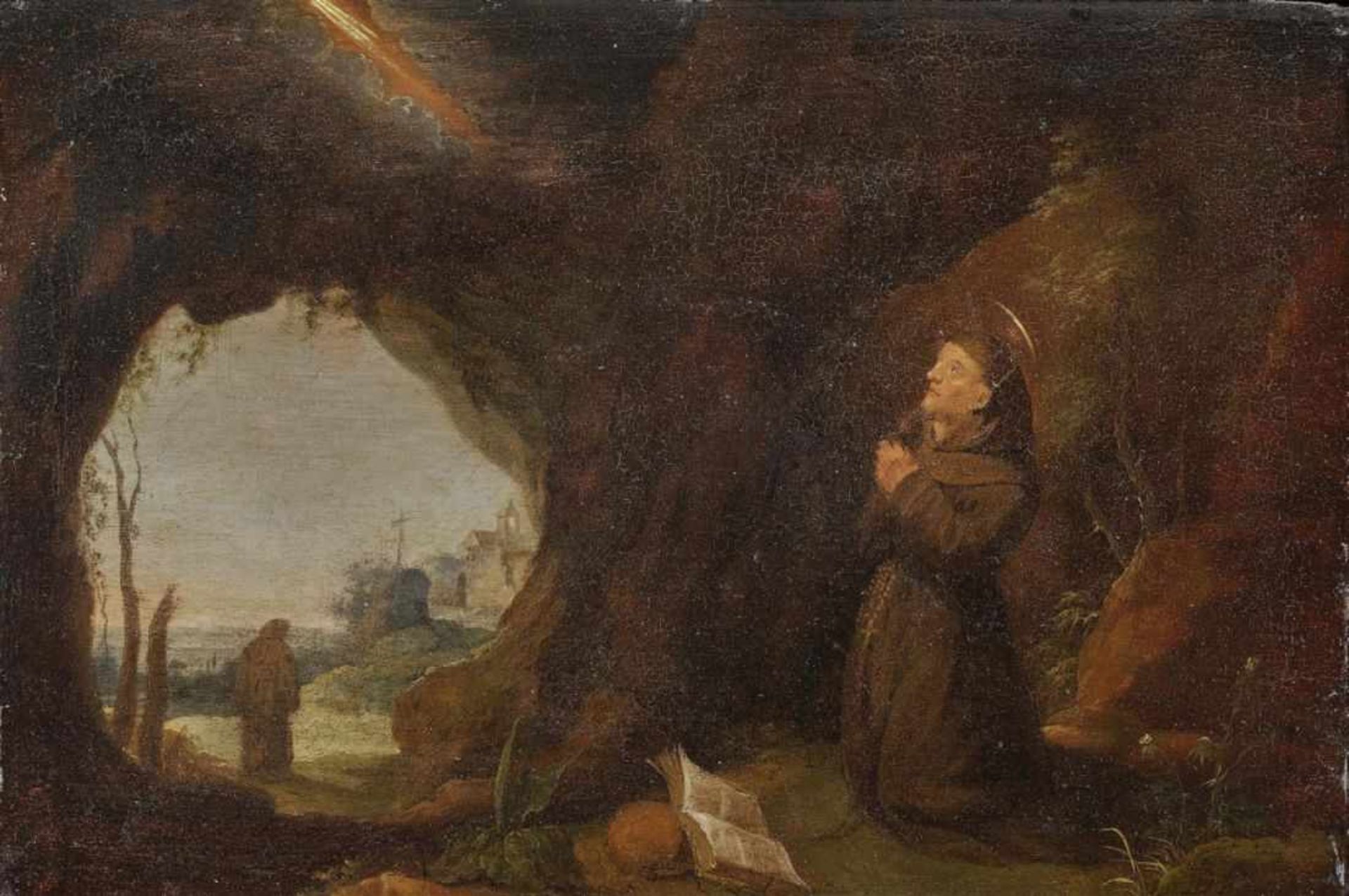 Niederlande 17. Jh. Betender Mönch in einer Felshöhle R. u. bezeichnet mit Monogramm DT. Öl auf