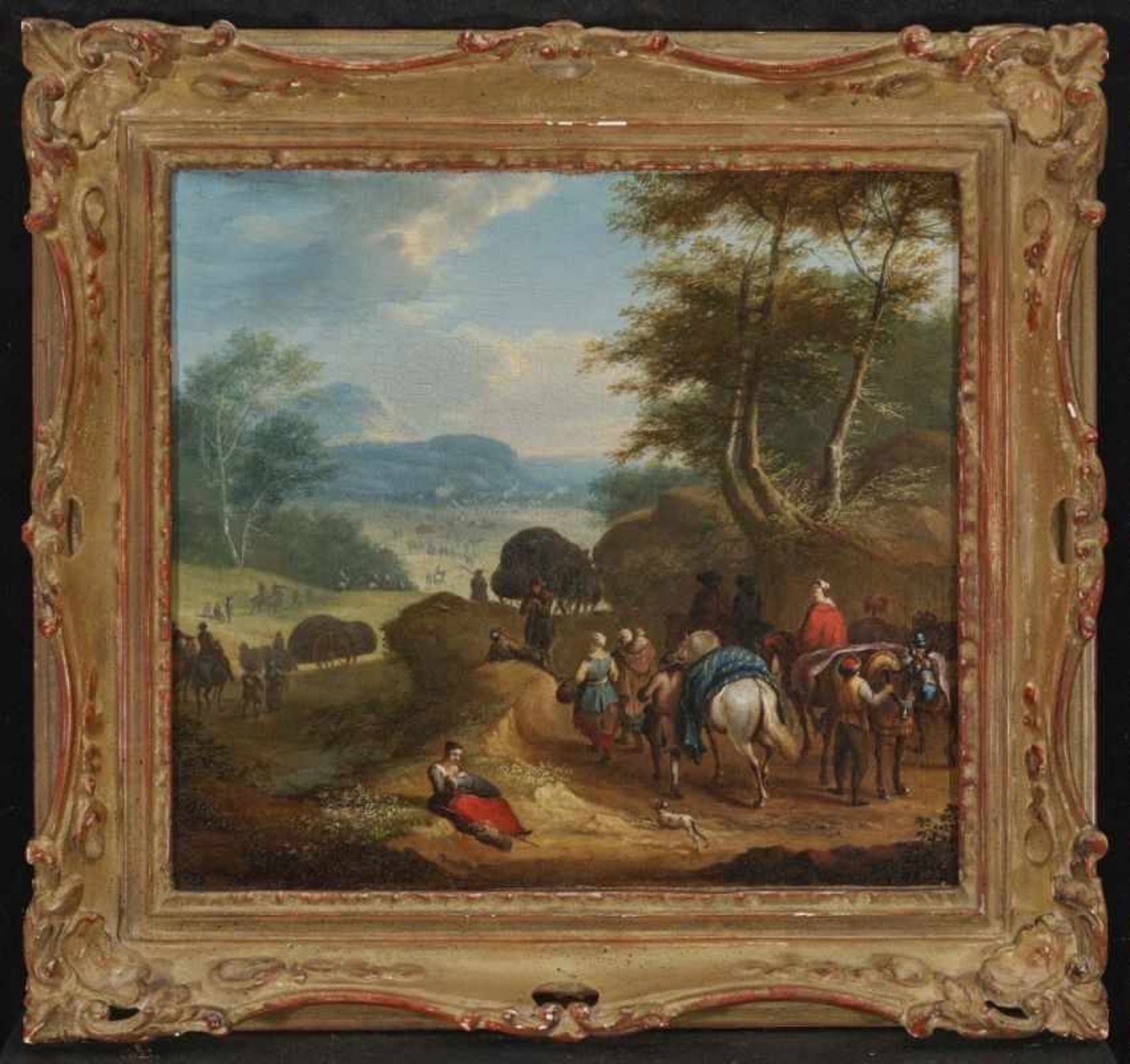 Flämisch 17. Jh. Landschaft mit Reisenden Öl auf Lwd. 31,3 x 37 cm. Doubliert. Rest. Rahmen min. - Image 2 of 2