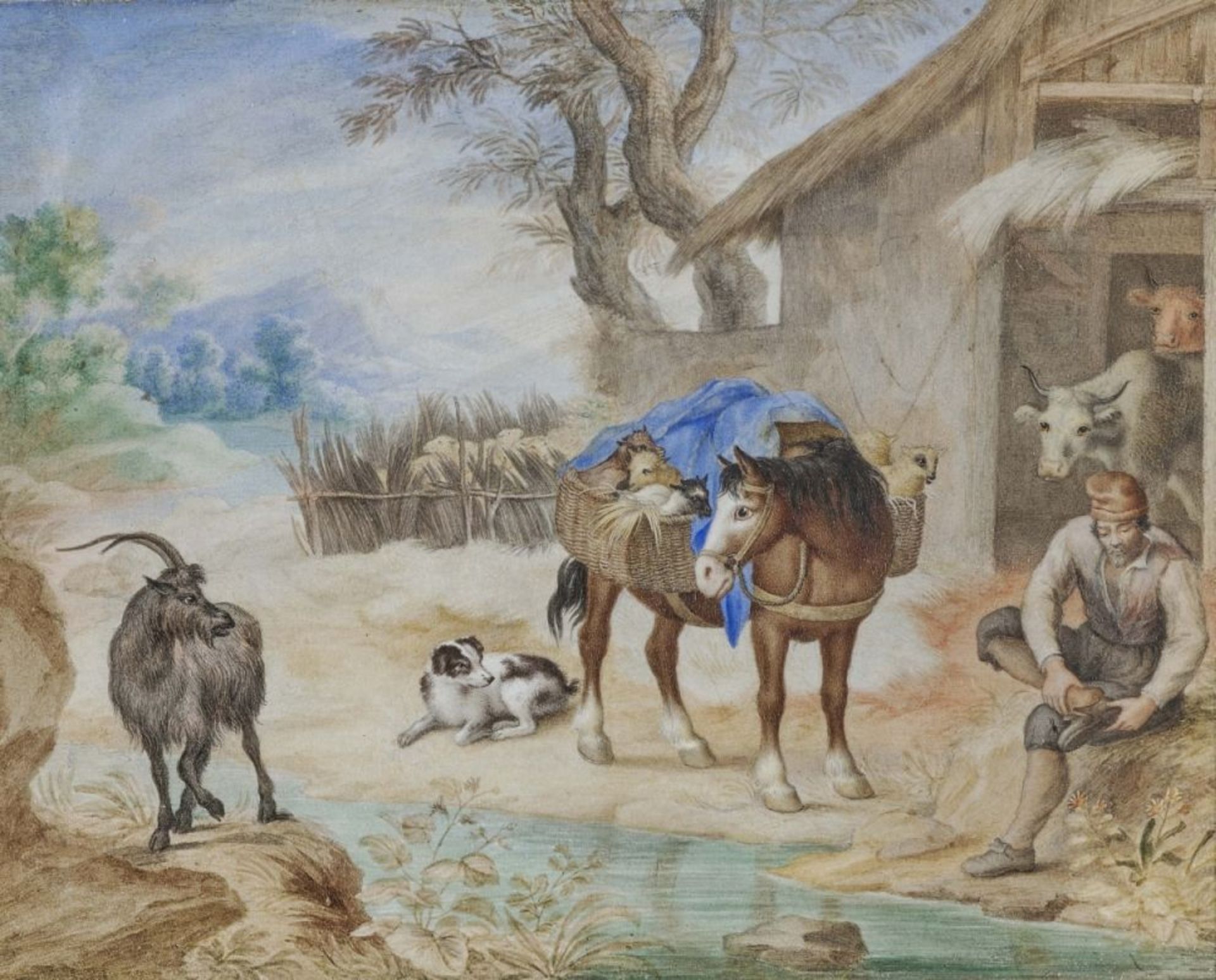 Niederlande 18. Jh. Vogelkonzert - Bauer mit Vieh vor dem Stall Zwei Darstellungen. Aquarell auf - Bild 2 aus 2