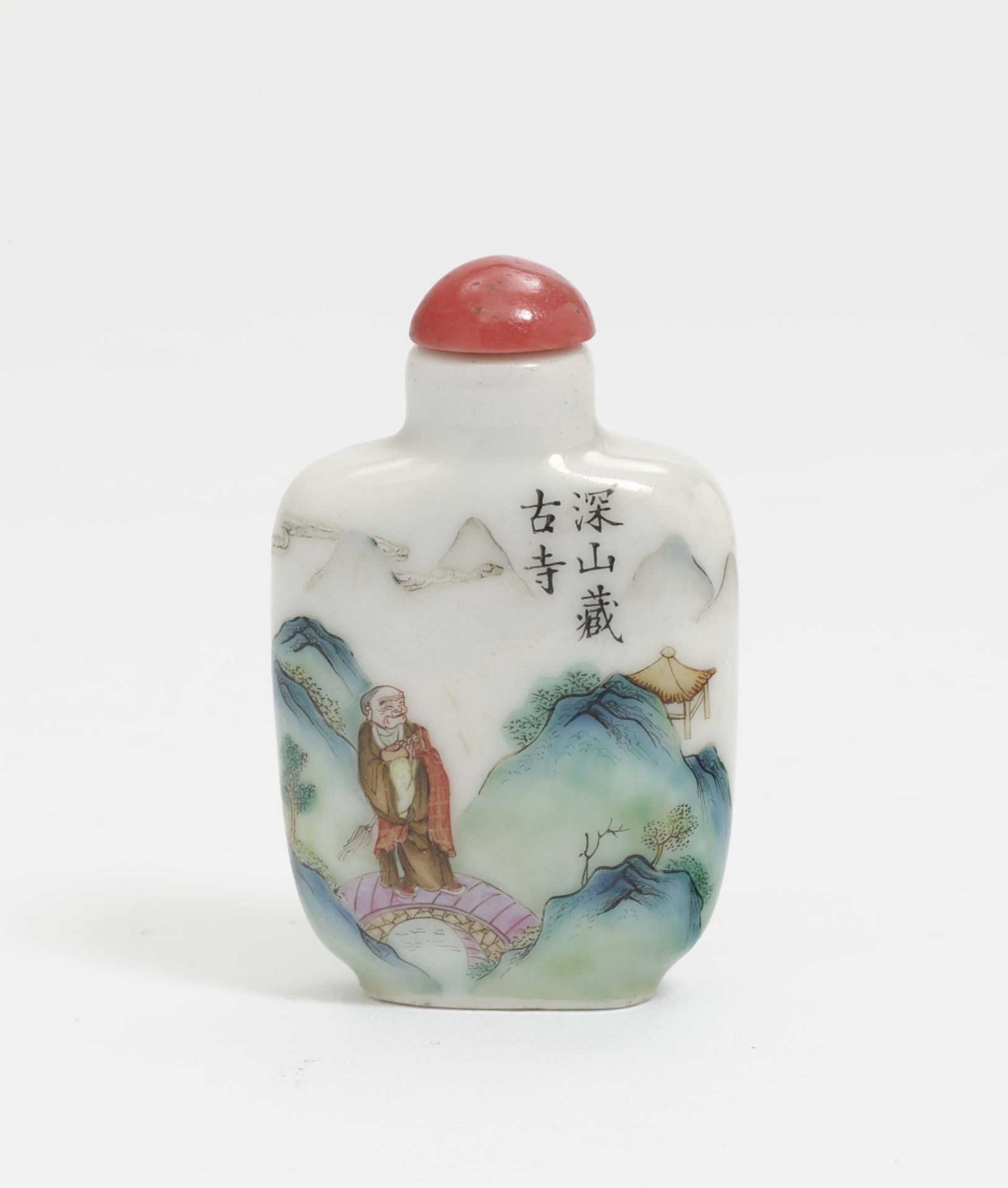 Snuffbottle China Porzellan. Balusterform. Bunter Schmelzfarbendekor: Einsiedler in