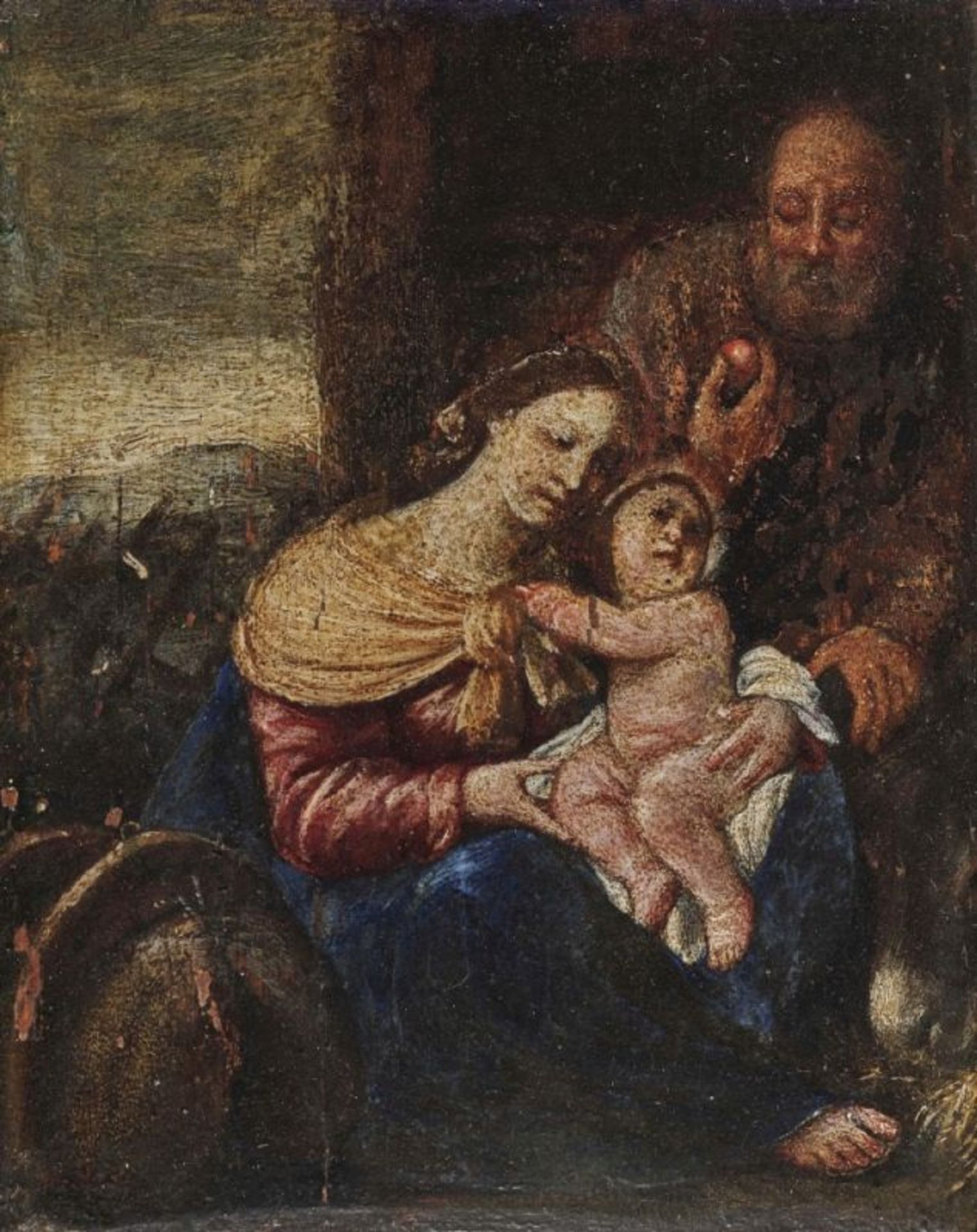 Italien 16./17. Jh. Heilige Familie Öl auf Holz. 20 x 15,4 cm. Rest. Min. besch. Rahmen min.