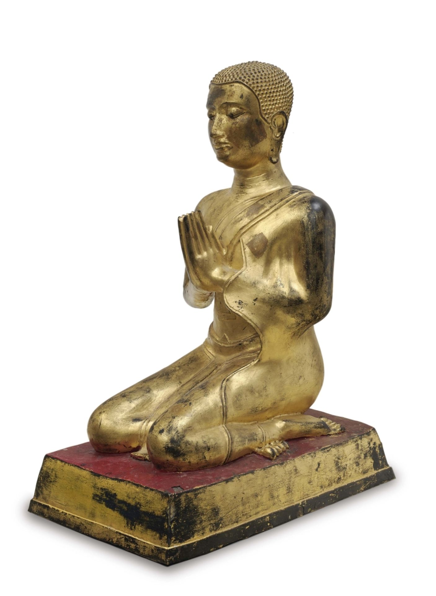 Meditierender Buddha Thailand Metall u. a., vergoldet bzw. rot gefasst. Auf rechteckiger