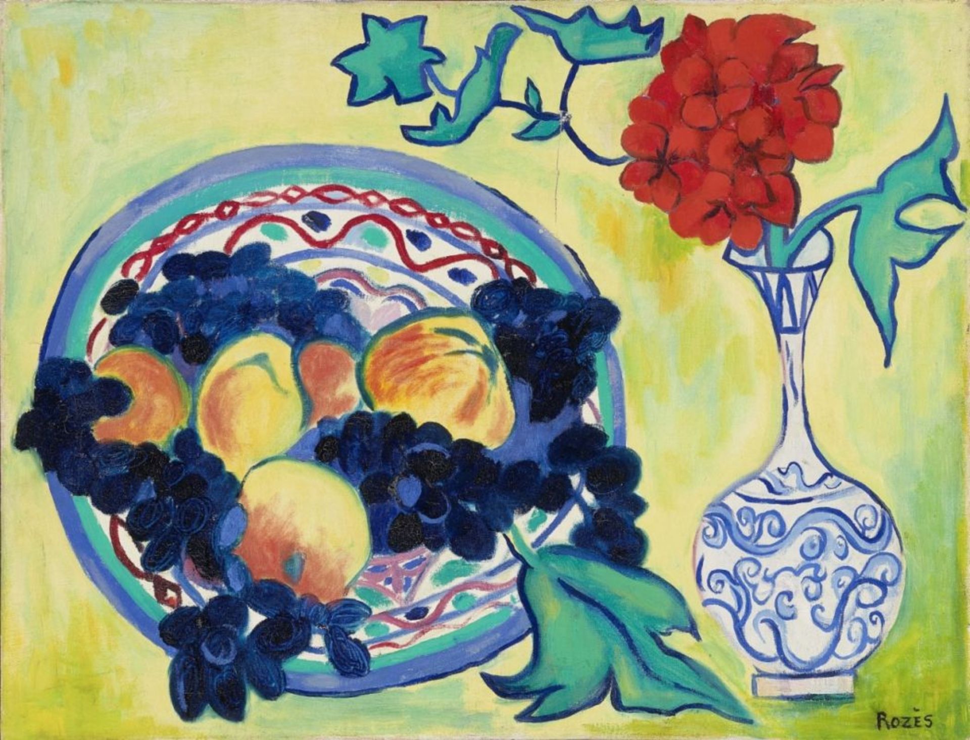 Rozès, Marie-Therese Stilleben mit Obstschale und Blumenvase. Um 1970 Öl auf Lwd. 50 x 67 cm
