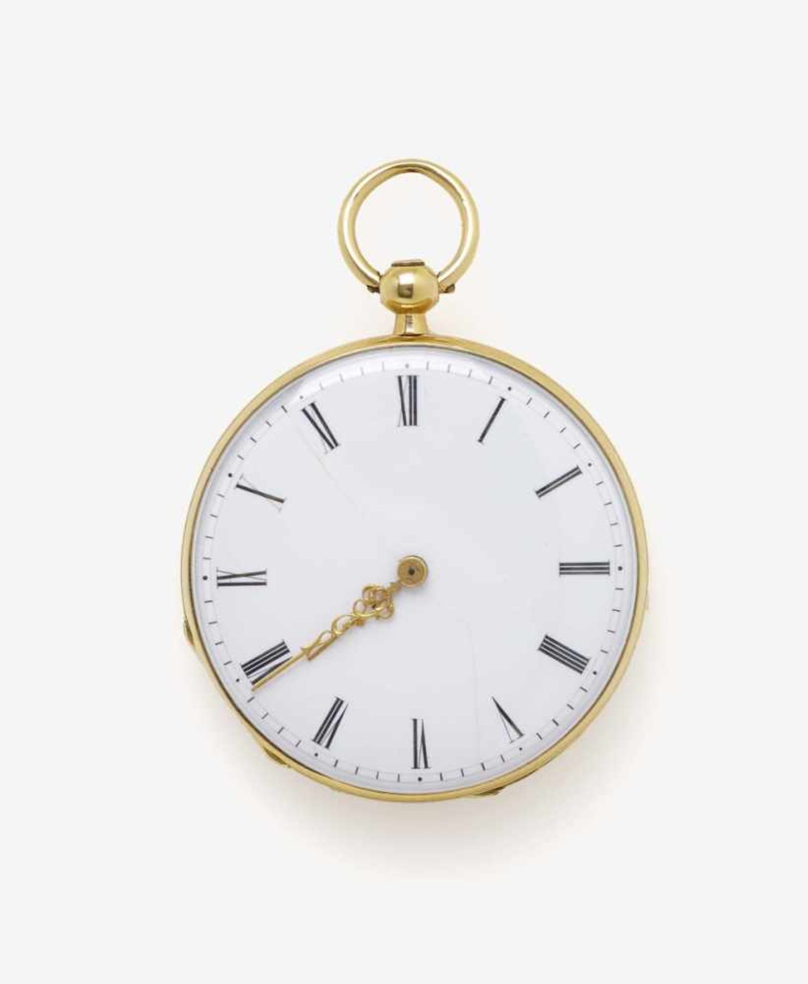 Taschenuhr Kopenhagen, um 1900 Gelbgold 750/-, getestet. Emailzifferblatt mit langem Haarriss. D.