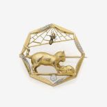 Historische Brosche "Katze mit Maus spielend" mit Diamanten England, um 1890-1910 Roségold 18ct.,