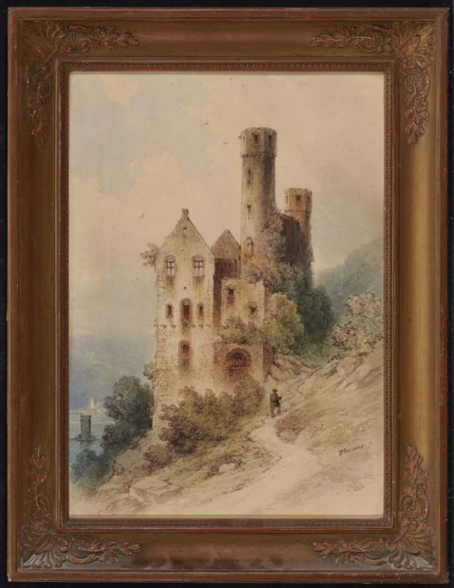 Verhas, Theodor 1811 Schwetzingen - 1872 Heidelberg Wanderer vor Burgruine R. u. signiert. - Bild 2 aus 2