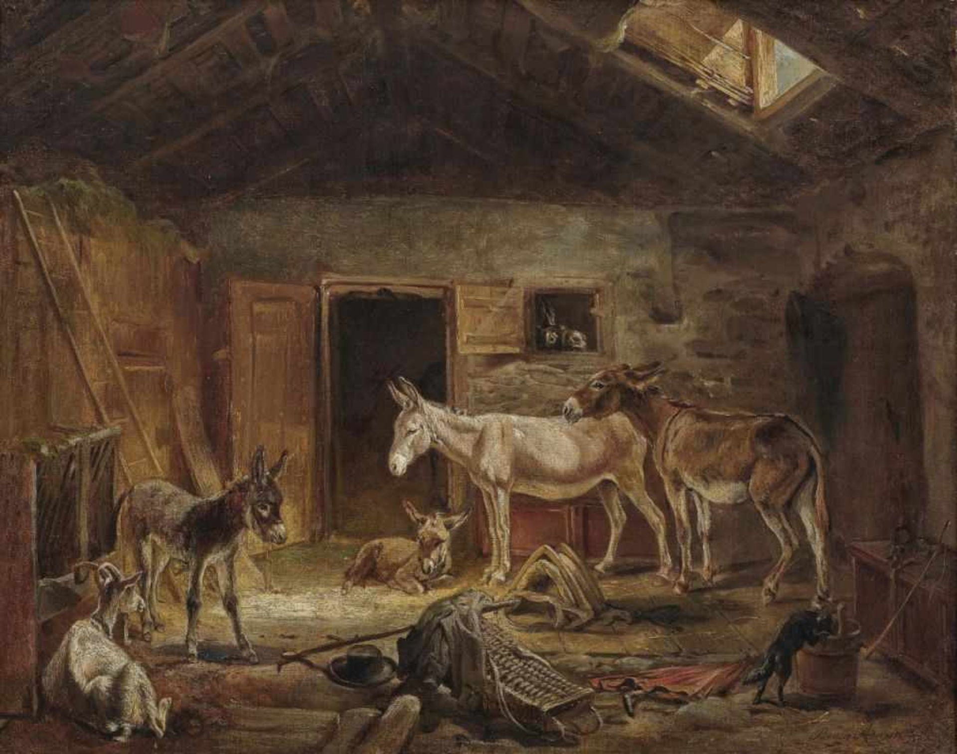 Adam, Benno 1812 München - 1892 Kelheim Esel im Stall R. u. signiert und undeutl. Ortsbezeichnung.