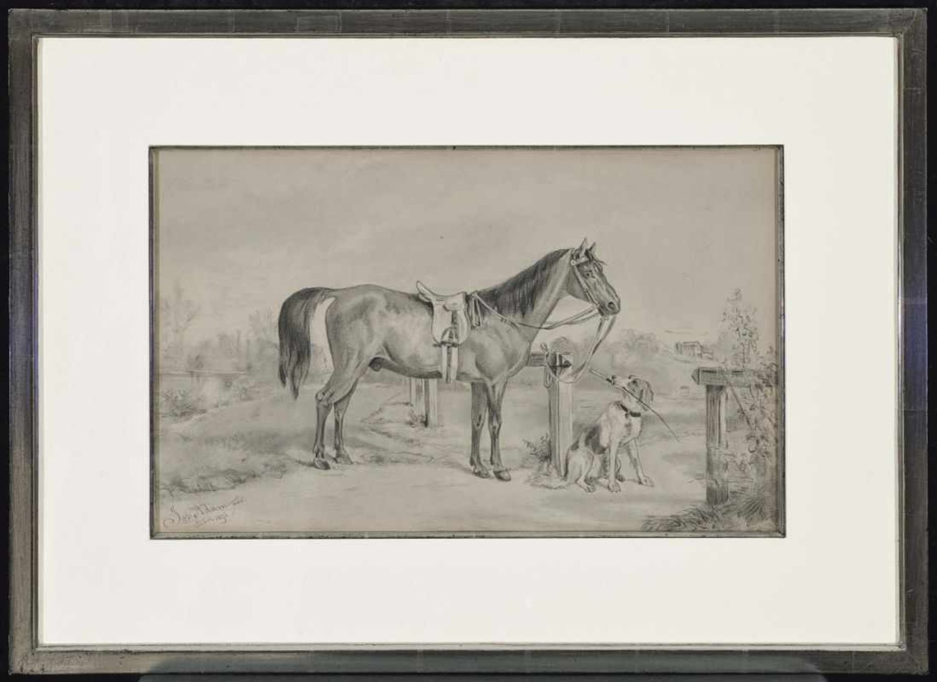 Adam, Joseph 1824 Nördlingen - 1895 München Pferd und Jagdhund L. u. signiert und "Jänner 1871" - Bild 2 aus 2