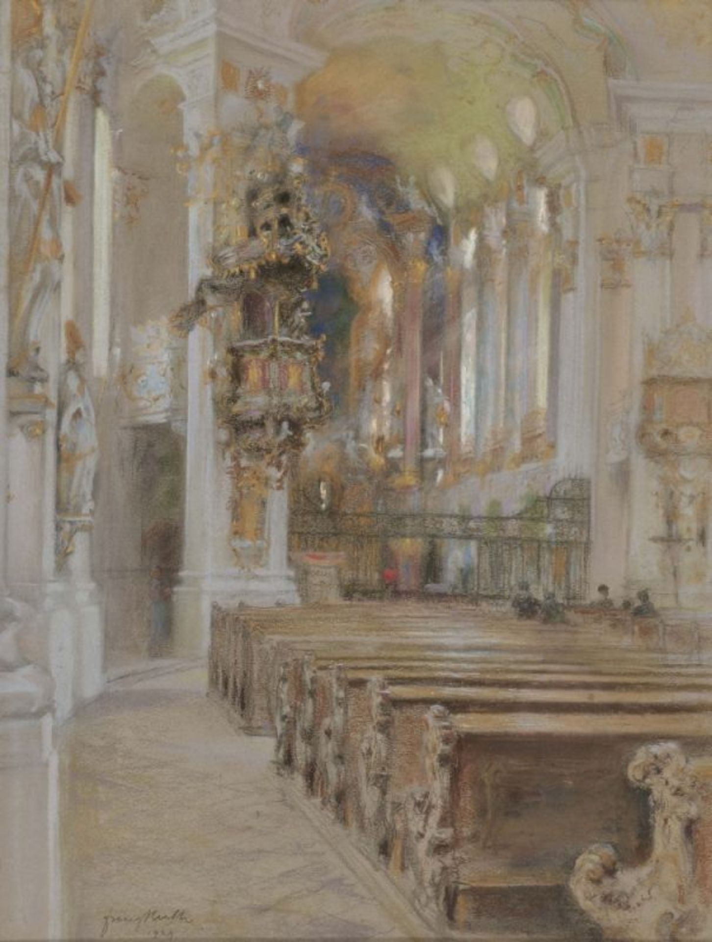 Huth, Franz 1876 Pößneck - 1970 Weimar Inneres der Wieskirche L. u. signiert und 1929 datiert.