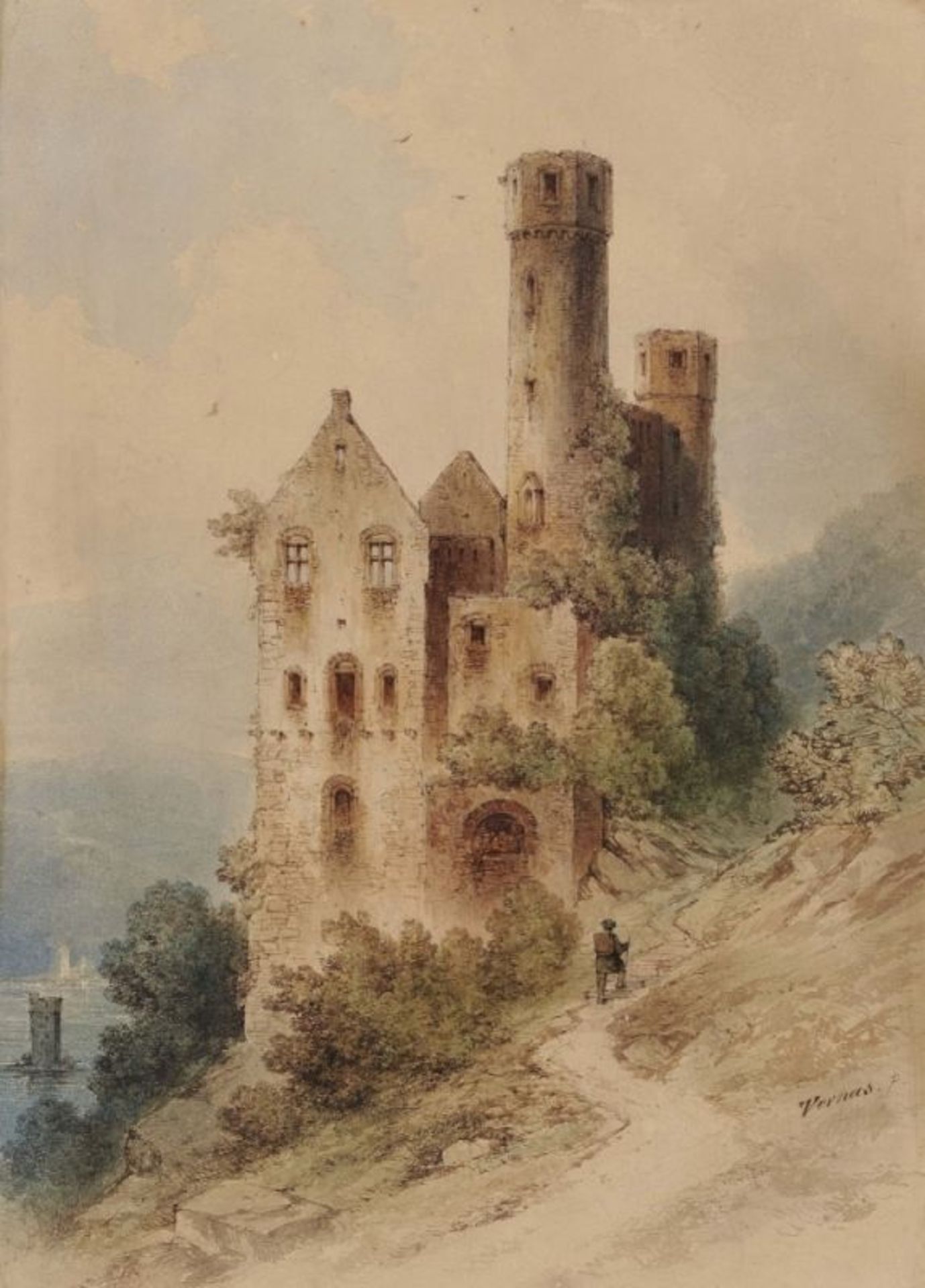 Verhas, Theodor 1811 Schwetzingen - 1872 Heidelberg Wanderer vor Burgruine R. u. signiert.