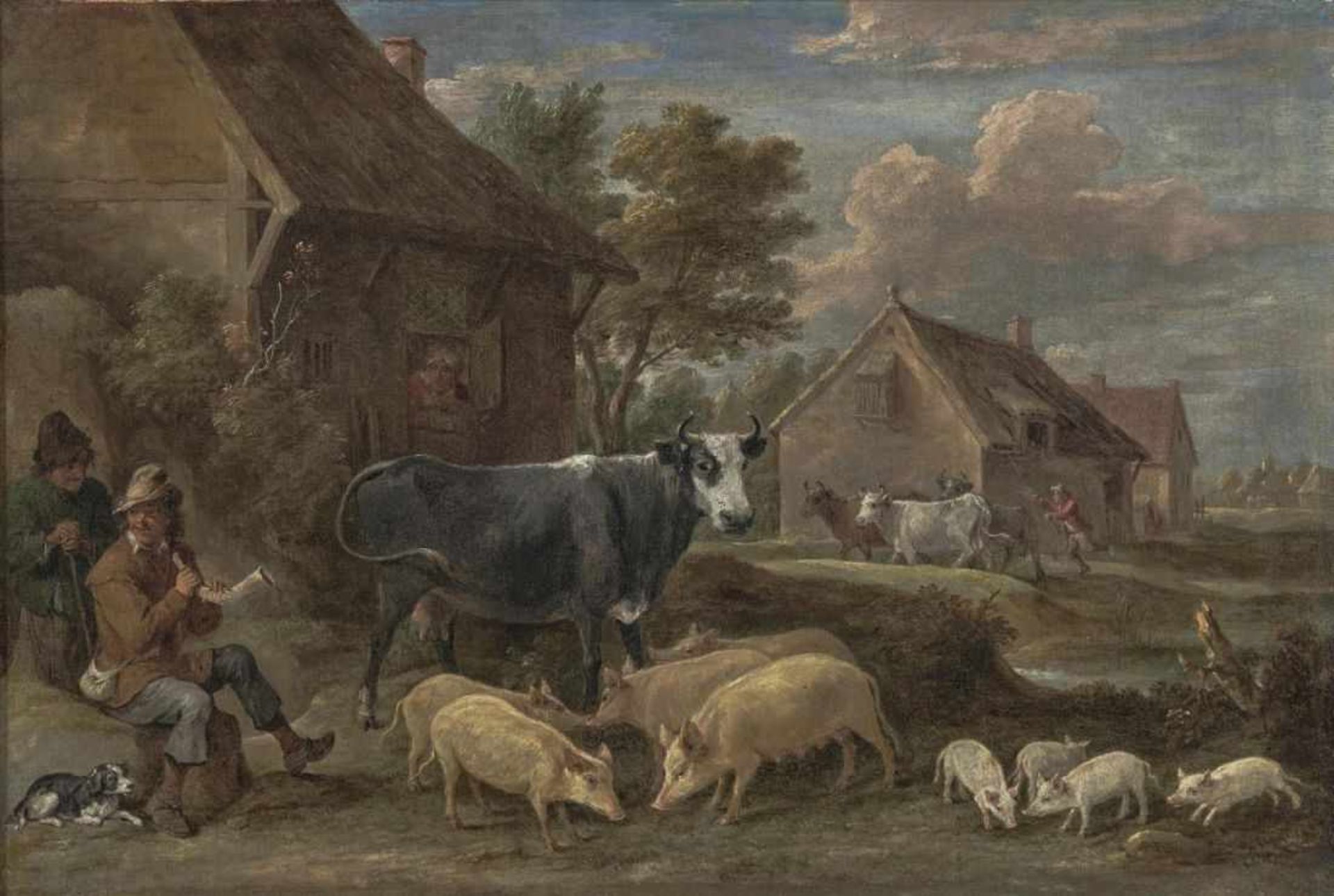 Teniers d. J., David1610 Antwerpen - 1690 BrüsselDorflandschaft mit Hirten und TierenR. u. signiert.
