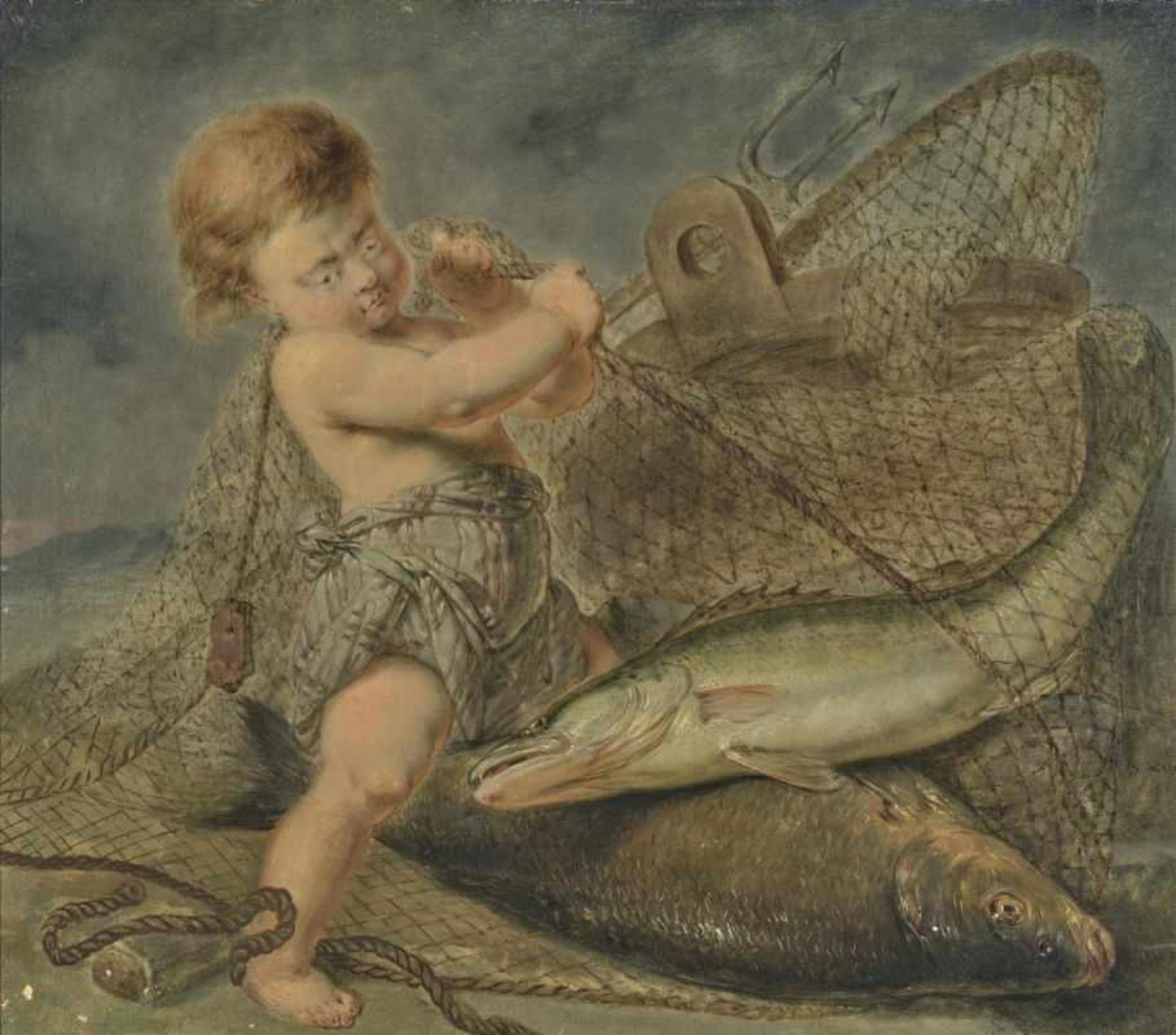 Deutsch18. Jh. Tierkreiszeichen "Fische"Rücks. alte Inventar-Nr. 445. Öl auf Lwd. 79 x 90 cm.