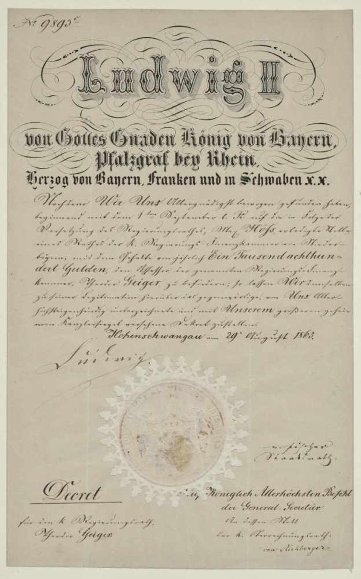 Ludwig II., König von Bayern 1845 Schloss Nymphenburg - 1886 BergZwei Ernennungsurkunden mit - Bild 2 aus 4