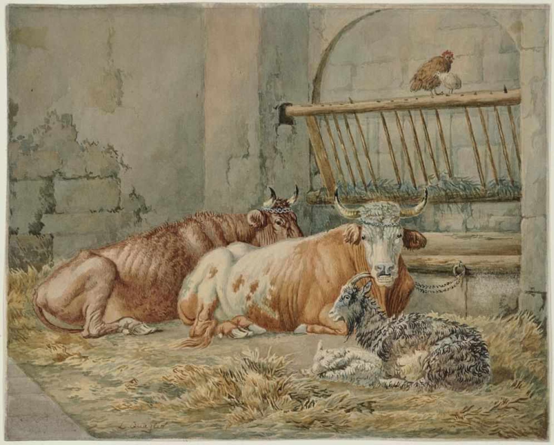 Quaglio, Lorenzo1793 München - 1869 ebendaKühe und Ziegen im StallL. u. signiert. Aquarell auf