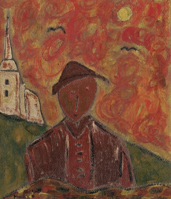 Bazovský, Milos Alexander1899 Turany - 1968 Trencín (Slowakei)Porträt eines jungen Bauern mit Kirche