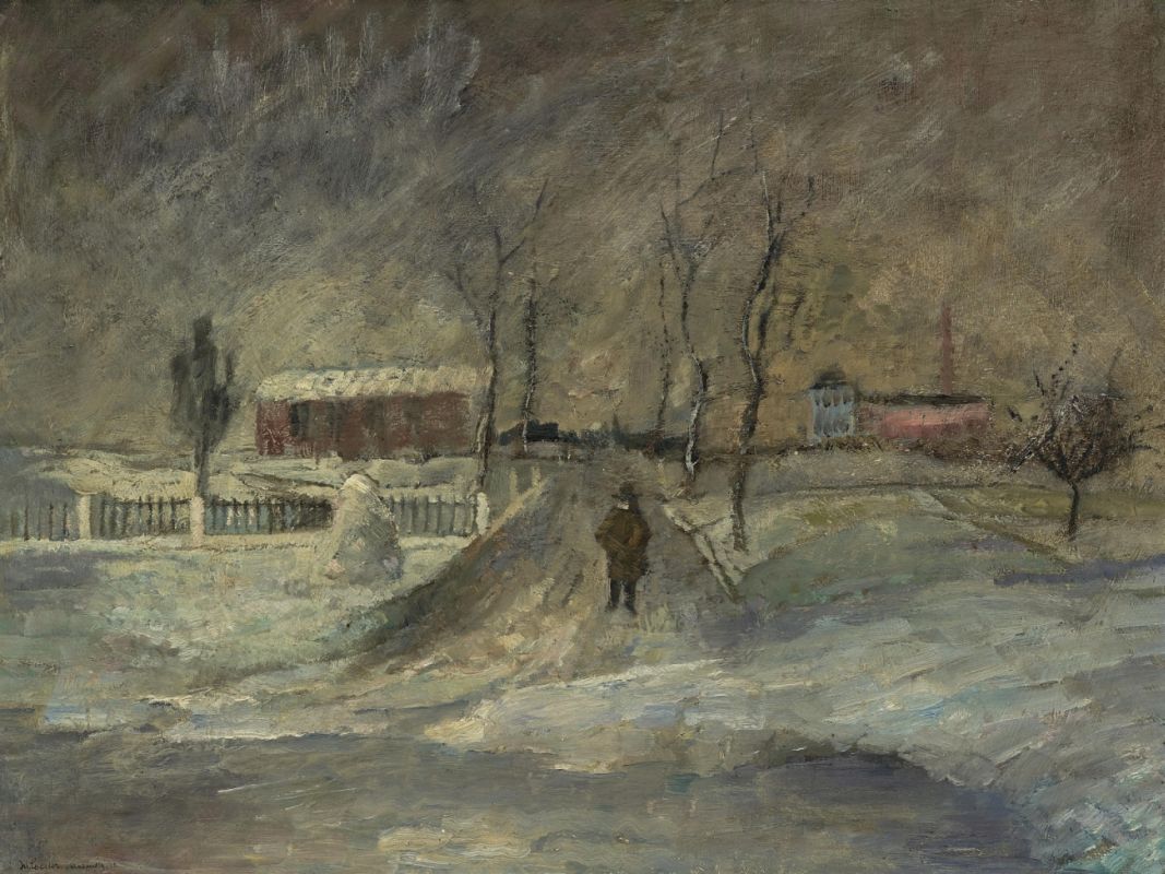 Coester, Oskar1886 Frankfurt a. M. - 1955 DachauWinterliche Landschaft Öl auf Holz 37,8 x 50 cm