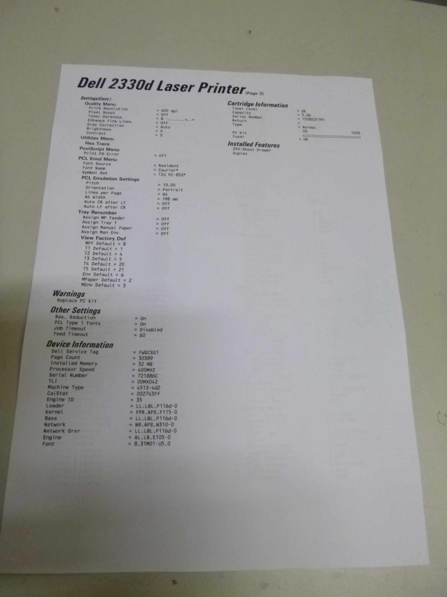 DELL 2330D NETWORK LASER PRINTER WITH USB AND TEST PRINT - Image 2 of 2