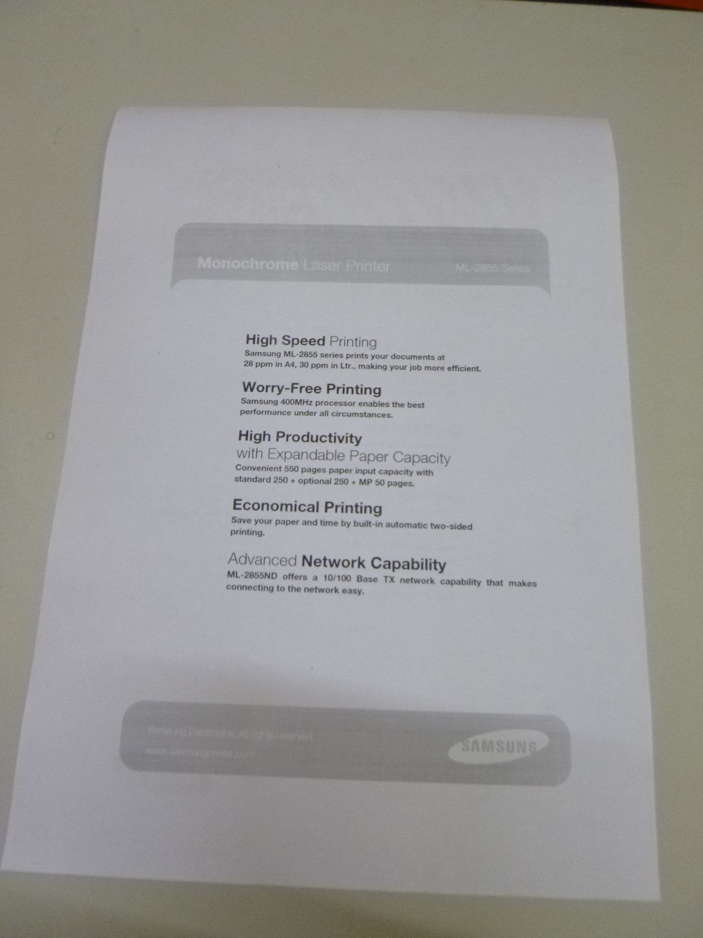 SAMSUNG ML-2855ND NETWORK LASER PRINTER WITH USB AND TEST PRINT - Image 2 of 2