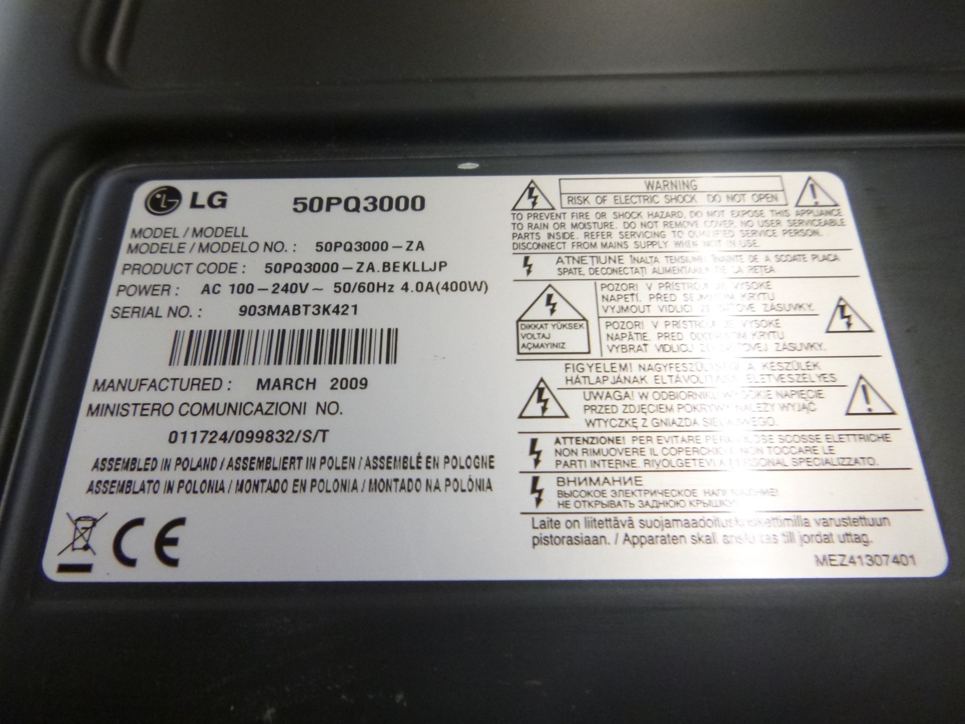 LG 50" TV SCREEN. MODEL NUMBER 50PQ3000-ZA. 3 X HDMI PORT 2 X SCART PORT 1 X VGA PORT 1 X USB - Image 3 of 5
