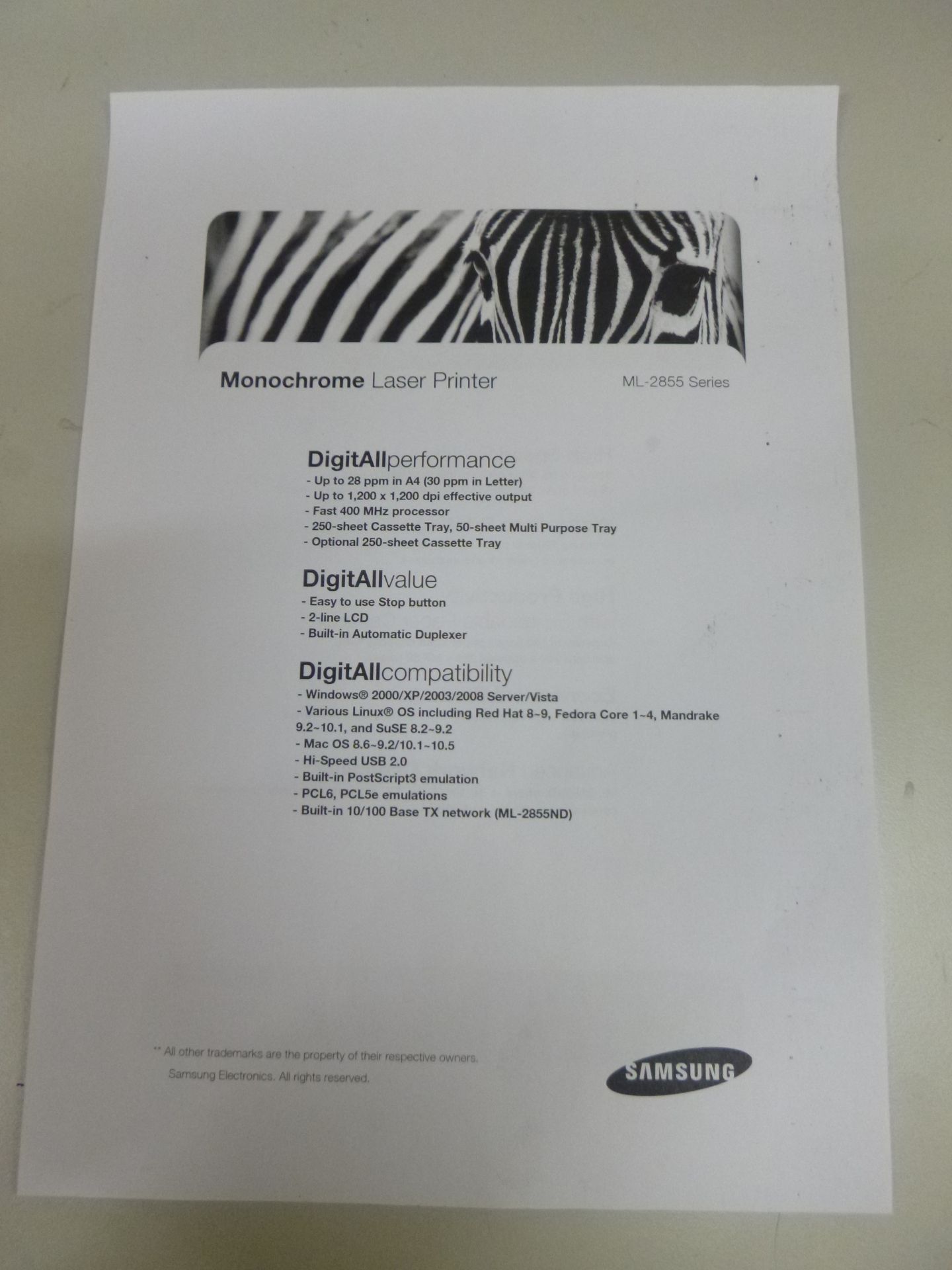 Samsung ML-2855ND A4 Mono Laser Printer. WITH TEST PRINT. - Image 2 of 2