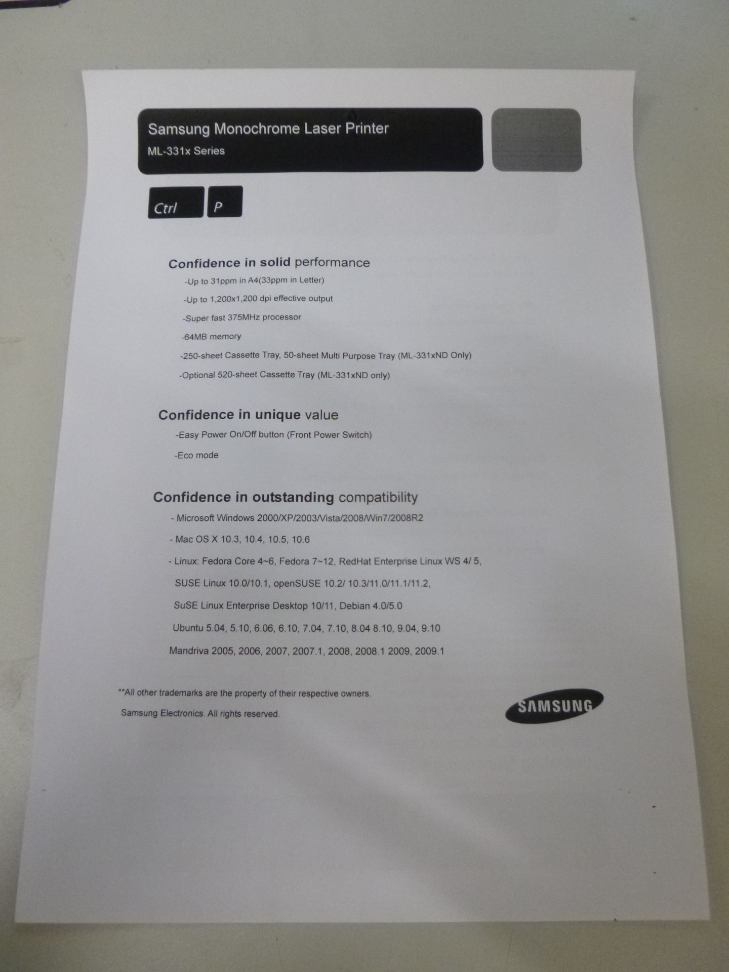 Samsung ML-3310ND A4 USB Network Desktop Workgroup Mono Laser Printer. WITH TESTPRINT. - Image 2 of 2