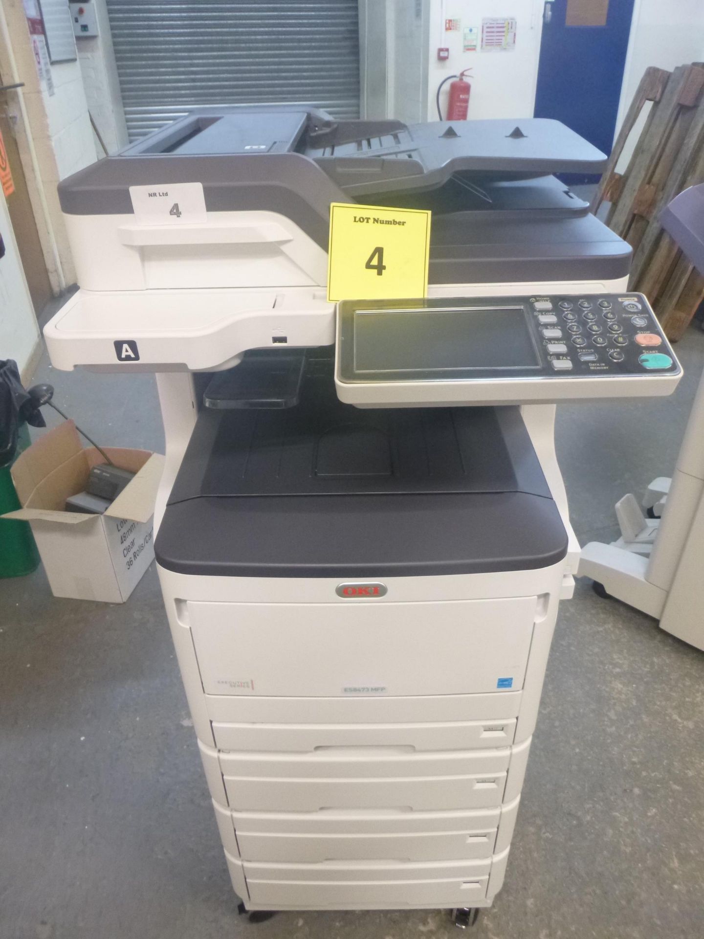 OKI ES8473 MFP COLOUR LASER PRINTER. ON WHEELS WITH 3 PAPER TRAYS AND TEST PRINT.