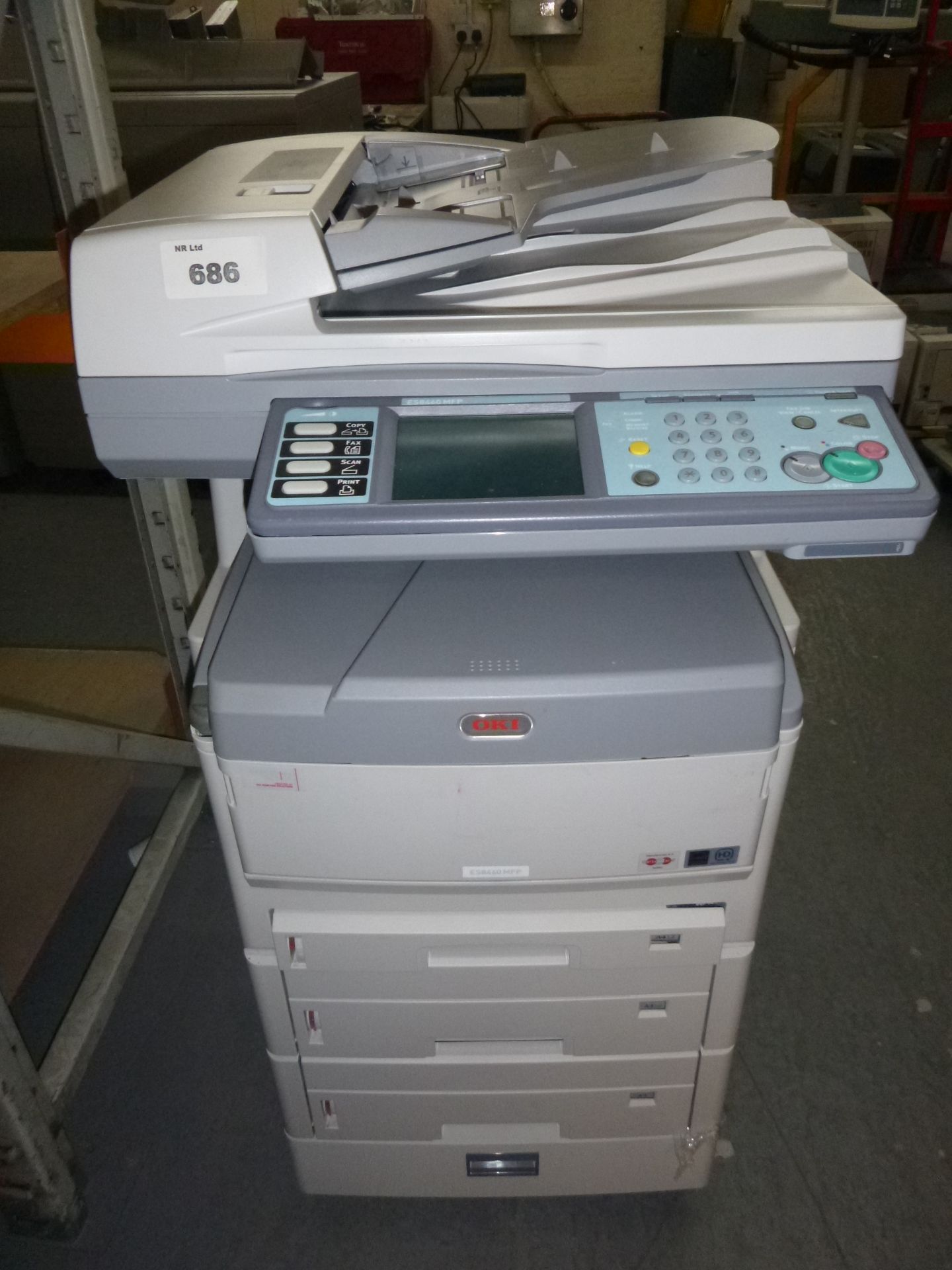 OKI ES8460 MFP COLOUR LASER PRINTER. ON WHEELS WITH 3 PAPER TRAYS , TEST PRINT & COPY.