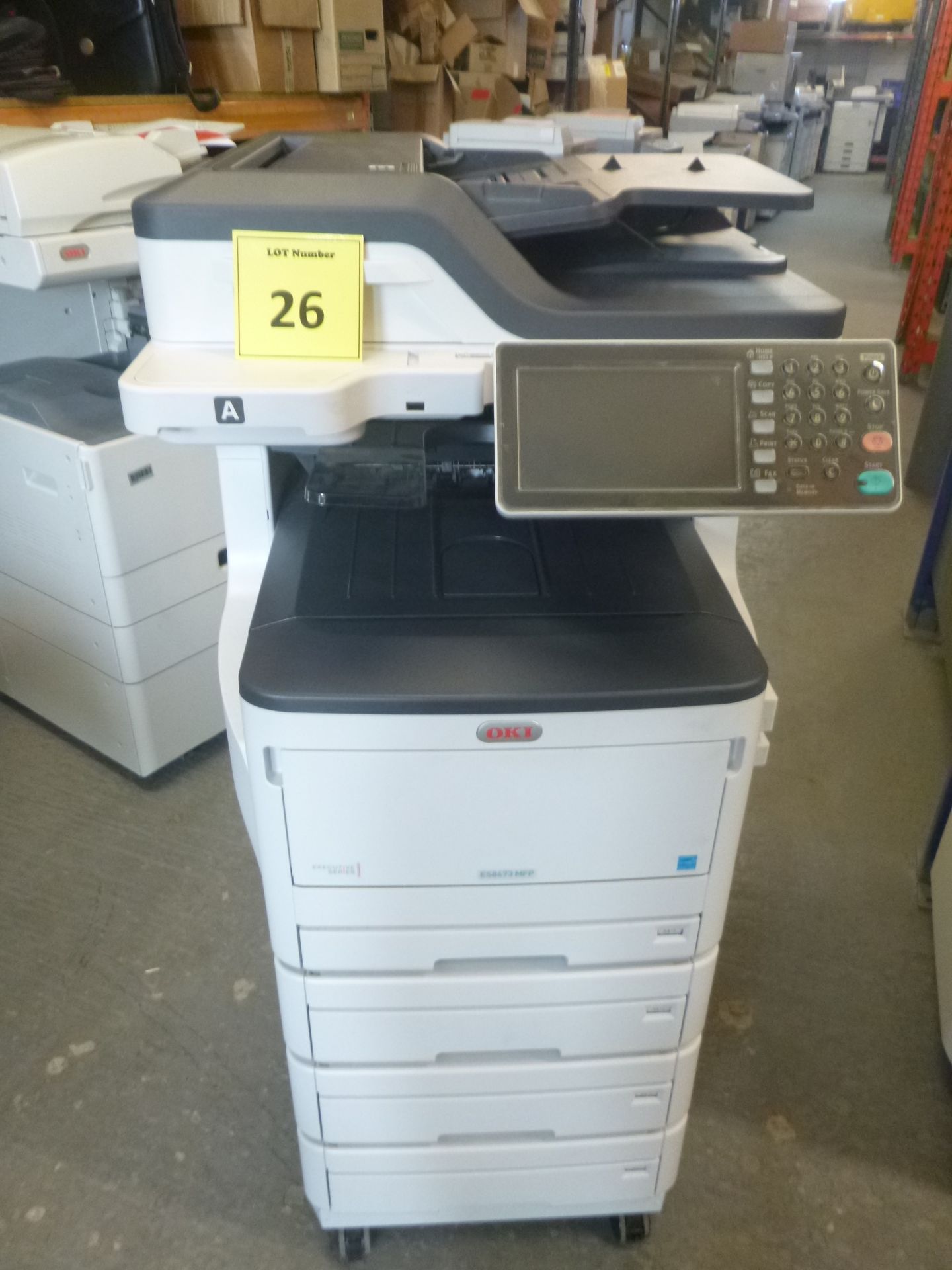 OKI ES8473 MFP COLOUR LASER PRINTER. ON WHEELS WITH 3 PAPER TRAYS, TEST PRINT & COPY. BLACK & CYAN