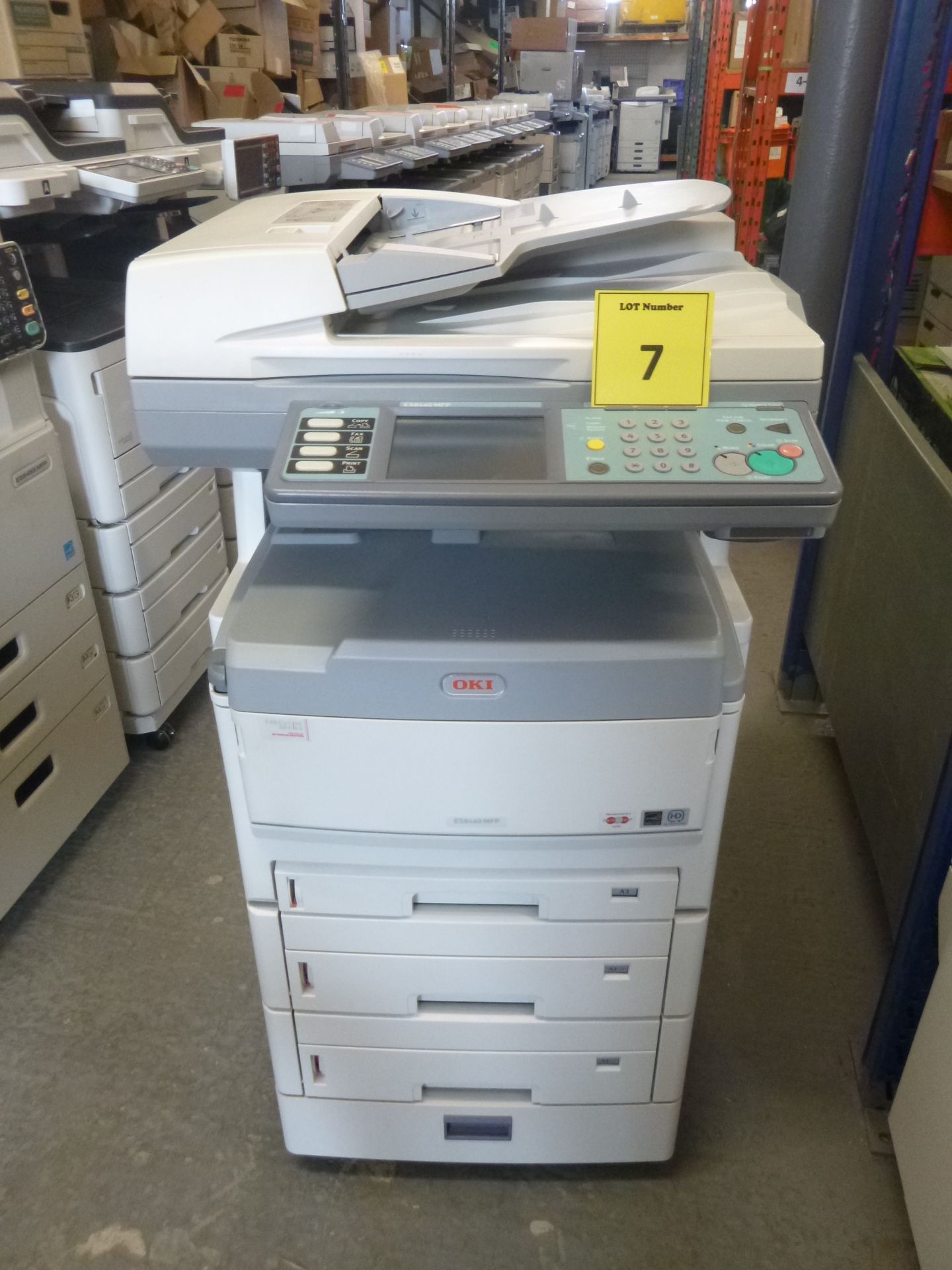 OKI ES8460 MFP COLOUR LASER PRINTER. ON WHEELS WITH 3 PAPER TRAYS, TEST PRINT & COPY.