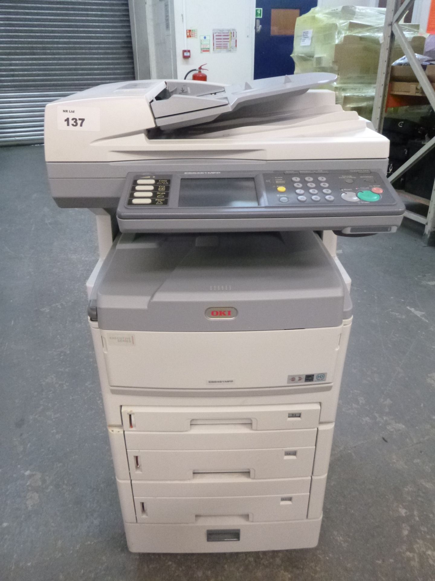 OKI ES8461 MFP COLOUR LASER PRINTER. ON WHEELS WITH 3 PAPER TRAYS, TEST PRINT & COPY.