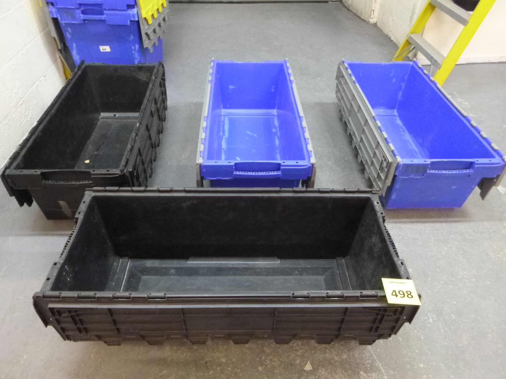 4 X VERY USEFULL STACKABLE LARGE & LONG PLASTIC STORAGE CRATES WITH INTERLOCKING LIDS. EACH ONE IS