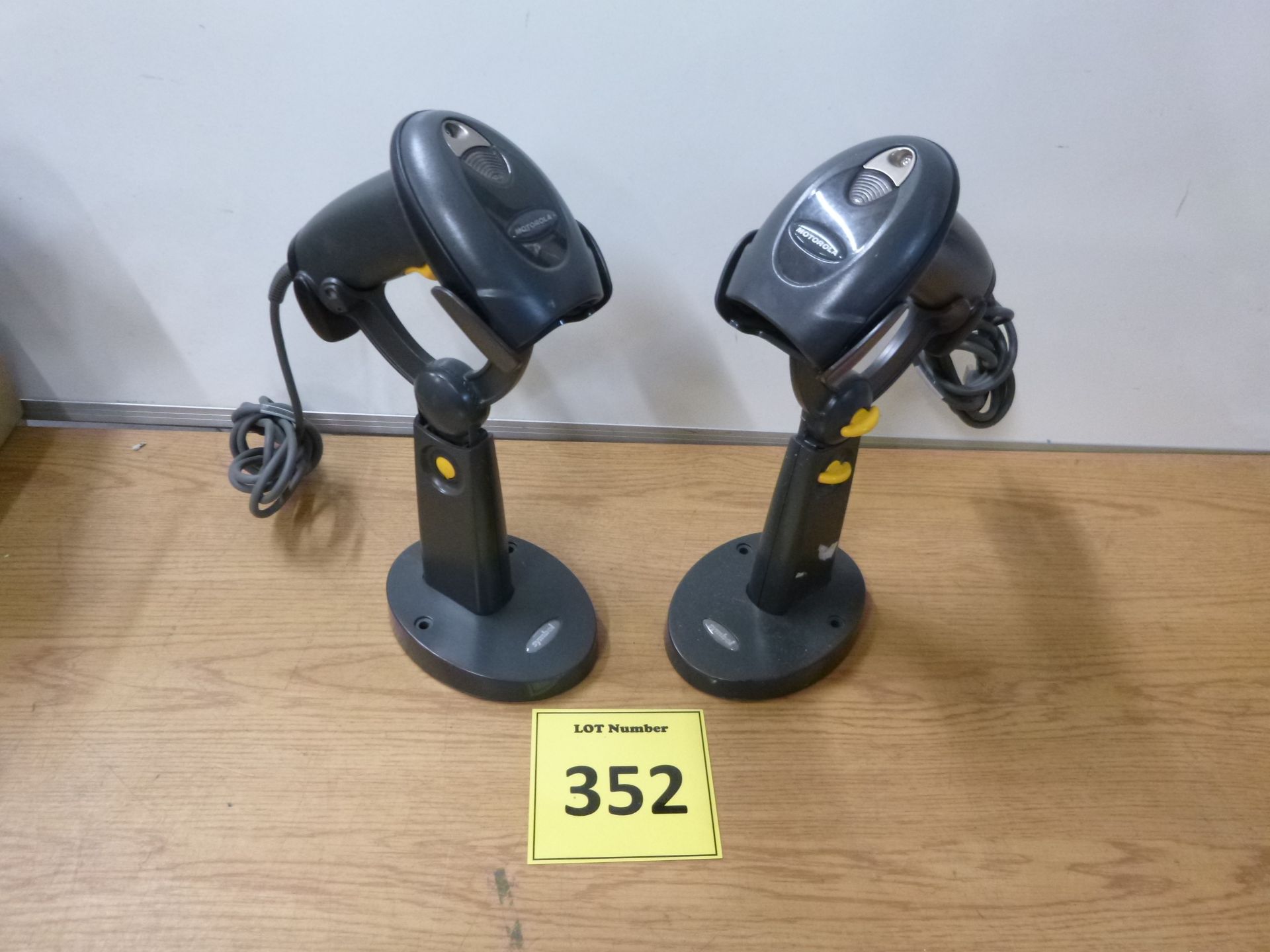 2 X MOTOROLA DS4208 USB HAND HELD BARCODE SCANNERS WITH STANDS. TESTED, WORKING.