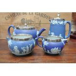 CERAMICS - A 4 piece Wedgwood blue jasper ware bac