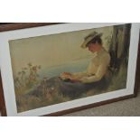 ARTWORK - A large framed coloured print of a Lady