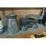 COLLECTABLES - An antique pewter jug & set of scal