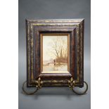 OIL ON BOARD FRAMED WINTER WOODLAND SCENE. By Ronald Meilof?, 12cm x 17cm.