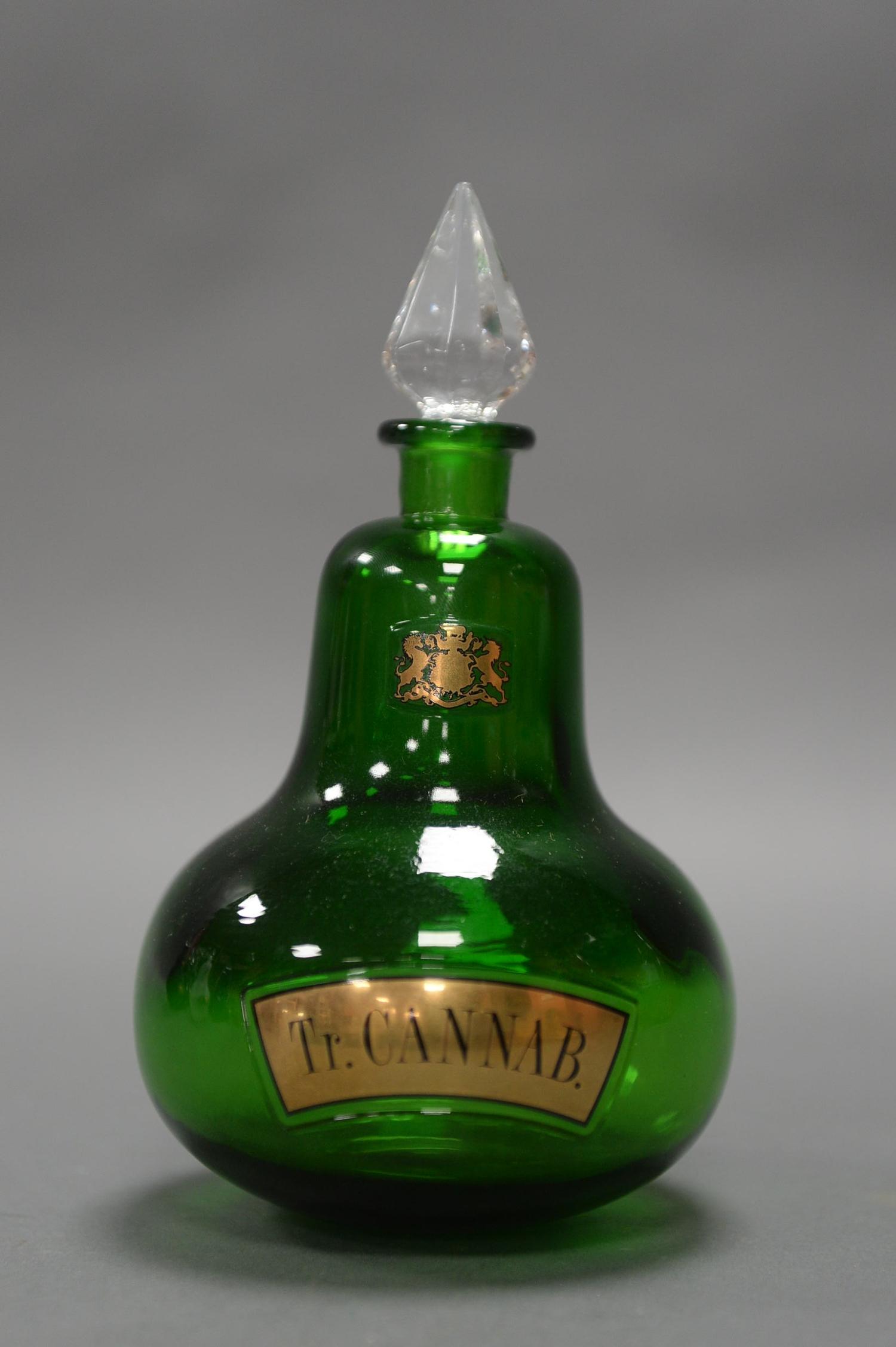 A COLLECTION OF TWELVE DECORATIVE APOTHECARY BOTTLES, WITH CRYSTAL STOPPERS. EACH MEASURING 24CM - Image 2 of 2