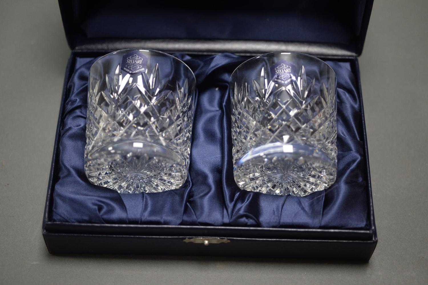 BOXED SET OF 2 STUART CRYSTAL WHISKY TUMBLERS.