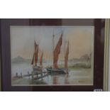 WATERCOLOUR OF RIVER BARGES BY ALBERT E. MARTIN. 36cm x 25cm