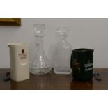 TWO LEAD CRYSTAL DECANTERS, PLUS TWO CERAMIC JUGS