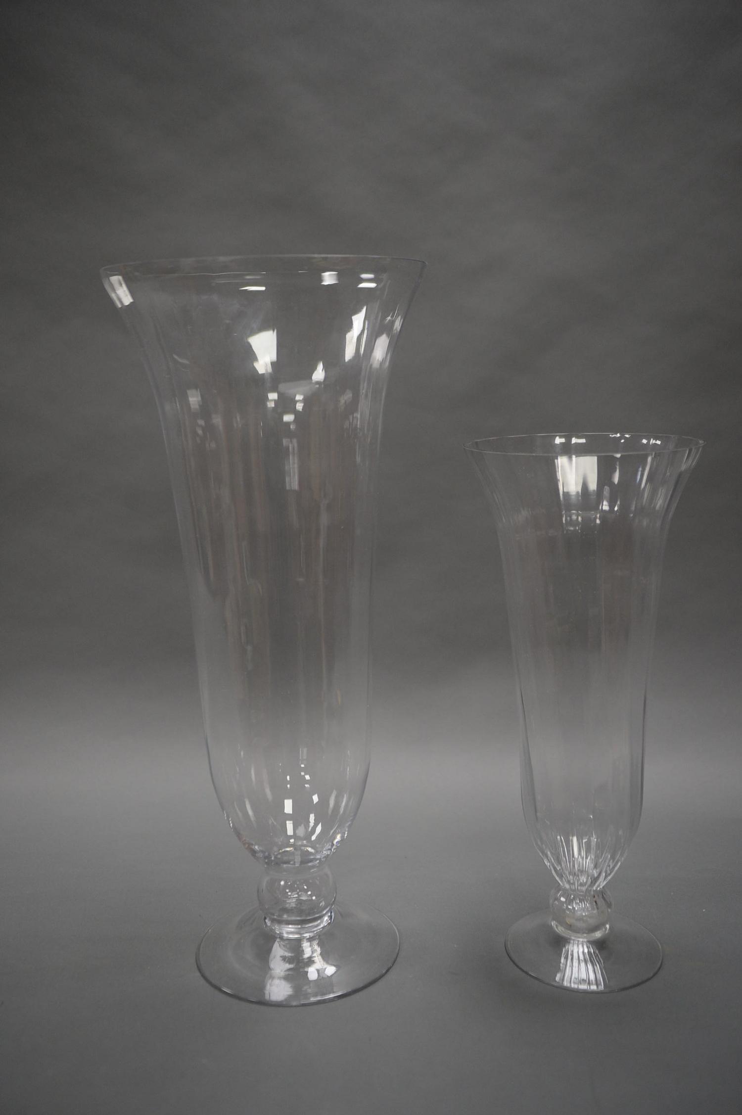 TWO LARGE GLASS VASES, THE TALLER MEASURING 60CM HIGH