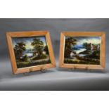 A PAIR OF SWEDISH GLASS REVERSAL PAINTINGS OF COUNTRYSIDE SCENES