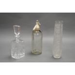 THREE PIECES OF GLASSWARE. Crystal Decanter, Schweppes Soda Syphon and cut glass vase