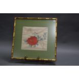 CHINESE SILK PRINT OF RED FLOWER. WIDTH 32CM