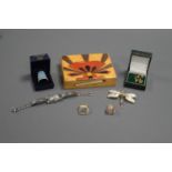 A SMALL COLLECTION OF MISC, INCLUDING COSTUME JEWELLERY, CIGARETTE CASE, THIMBLE, ETC...