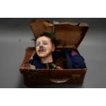 EARLY 20TH CENTURY FOLK-ART VENTRILOQUIST DUMMY IN SUIT CASE. Features papier mache head, working